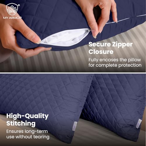 MY ARMOR Waterproof & Dustproof Cotton Quilted Pillow Cover Protectors, Standard Size | 220+ GSM- Set of 2, Navy Blue (18" x28") - Image 4
