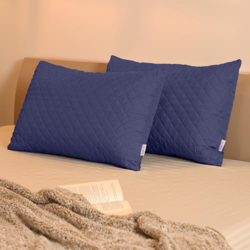 MY ARMOR Waterproof & Dustproof Cotton Quilted Pillow Cover Protectors, Standard Size | 220+ GSM- Set of 2, Navy Blue (18" x28") - Image 1