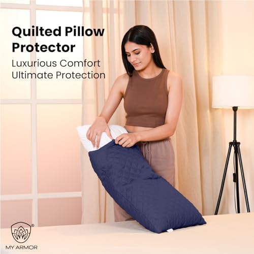 MY ARMOR Waterproof & Dustproof Cotton Quilted Pillow Cover Protectors, Standard Size | 220+ GSM- Set of 2, Navy Blue (18" x28") - Image 3