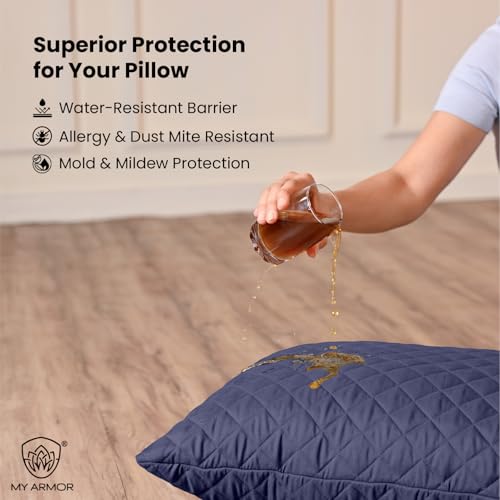 MY ARMOR Waterproof & Dustproof Cotton Quilted Pillow Cover Protectors, Standard Size | 220+ GSM- Set of 2, Navy Blue (18" x28") - Image 2