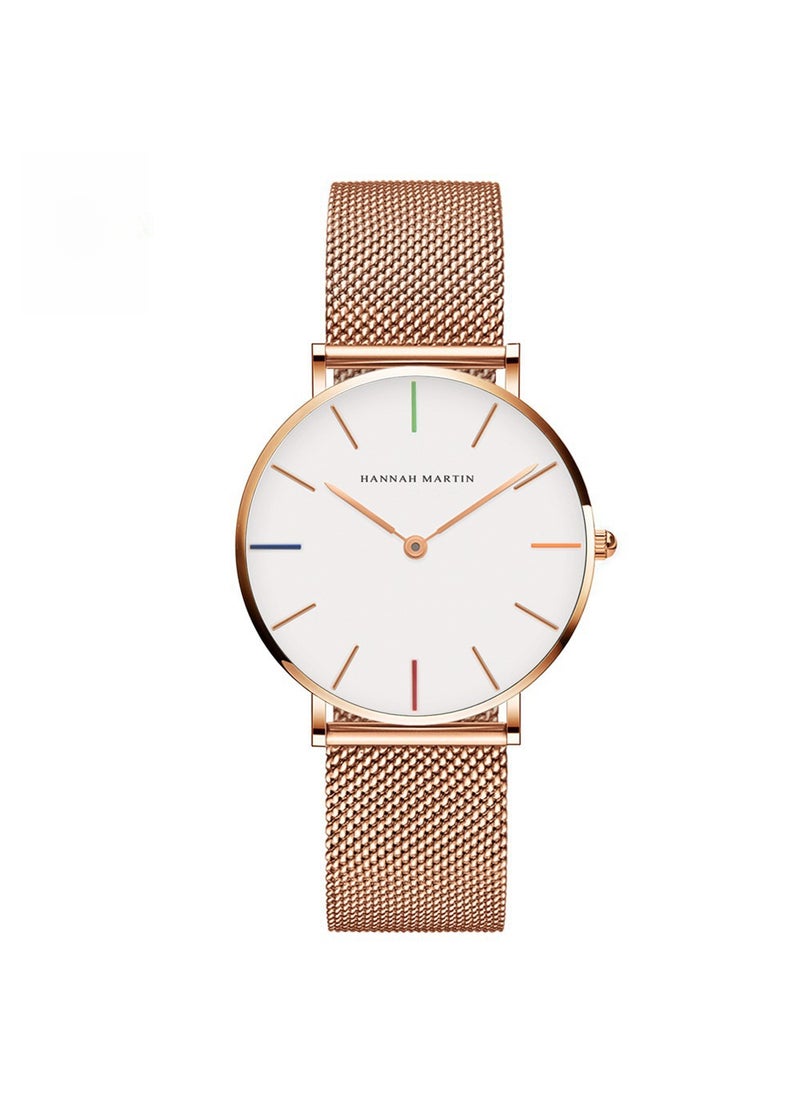 Generic - Hannah Martin 36mm Minimalist Quartz Womens Watch 3690B36WFF white rose gold chain color scale - Image 1