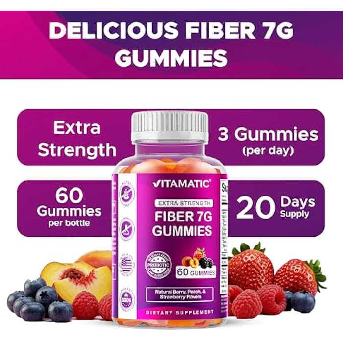 Vitamatic Prebiotic Fiber Gummies for Adults – 7g Fiber per Serving – 60 Pectin-Based Gummies Extra Strength, Zero Sugar Added – Supports Digestive Health & Regularity – Non-GMO, Vegan, Gluten-Free - Image 5