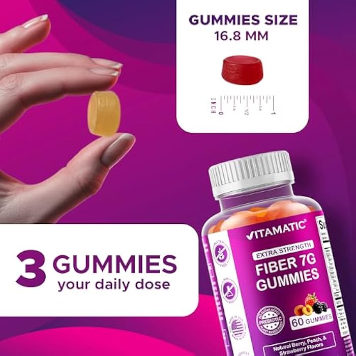 Vitamatic Prebiotic Fiber Gummies for Adults – 7g Fiber per Serving – 60 Pectin-Based Gummies Extra Strength, Zero Sugar Added – Supports Digestive Health & Regularity – Non-GMO, Vegan, Gluten-Free - Image 4