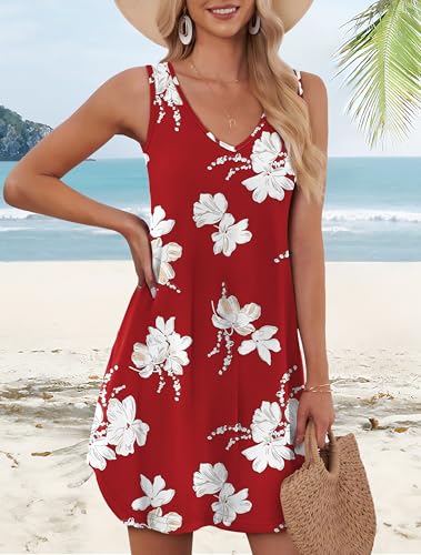 Aokosor Sundresses for Women 2025 Vacation Loose V Neck Sleeveless Casual Dresses Beach Summer Swimsuit Coverup Red Floral S - Image 3