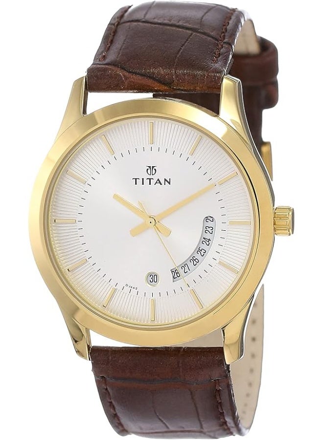 TITAN ساعة تيتان كواترز أنالوج مع تاريخ بقرص فضي وحزام جلد للرجال 1823yl01 - Image 1