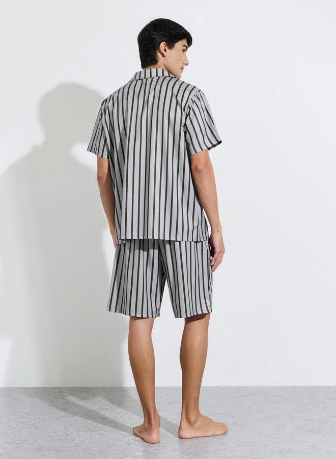 Styli  Grey Striped Short Sleeves Shirt and Shorts Pyjama Set for Men | Best Price UAE