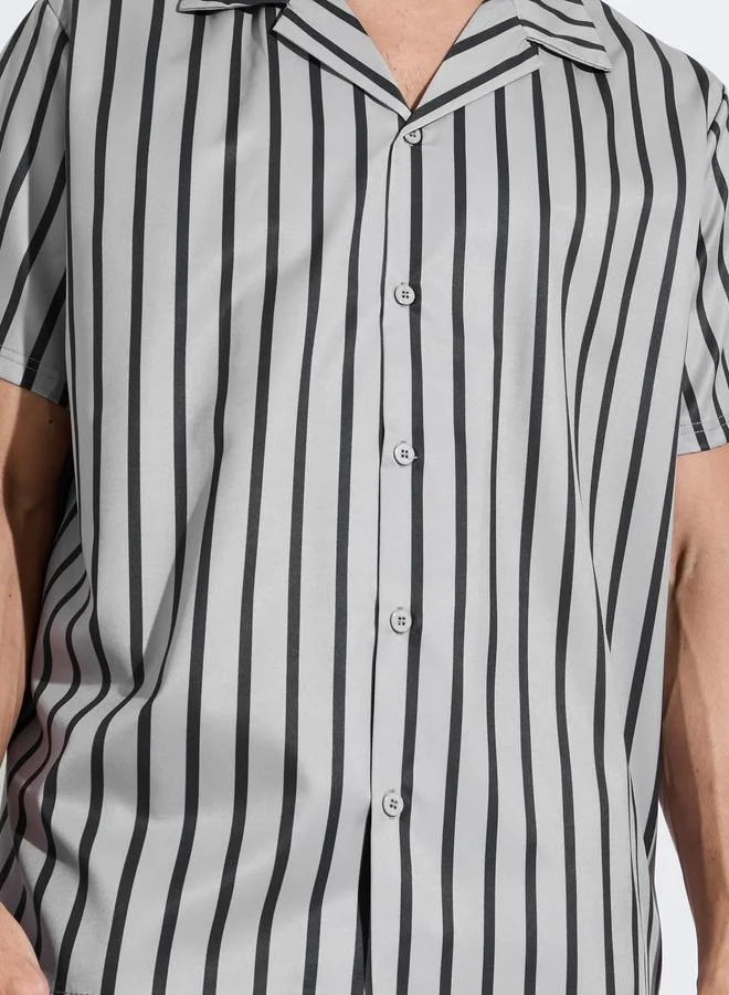 Styli  Grey Striped Short Sleeves Shirt and Shorts Pyjama Set for Men | Best Price UAE