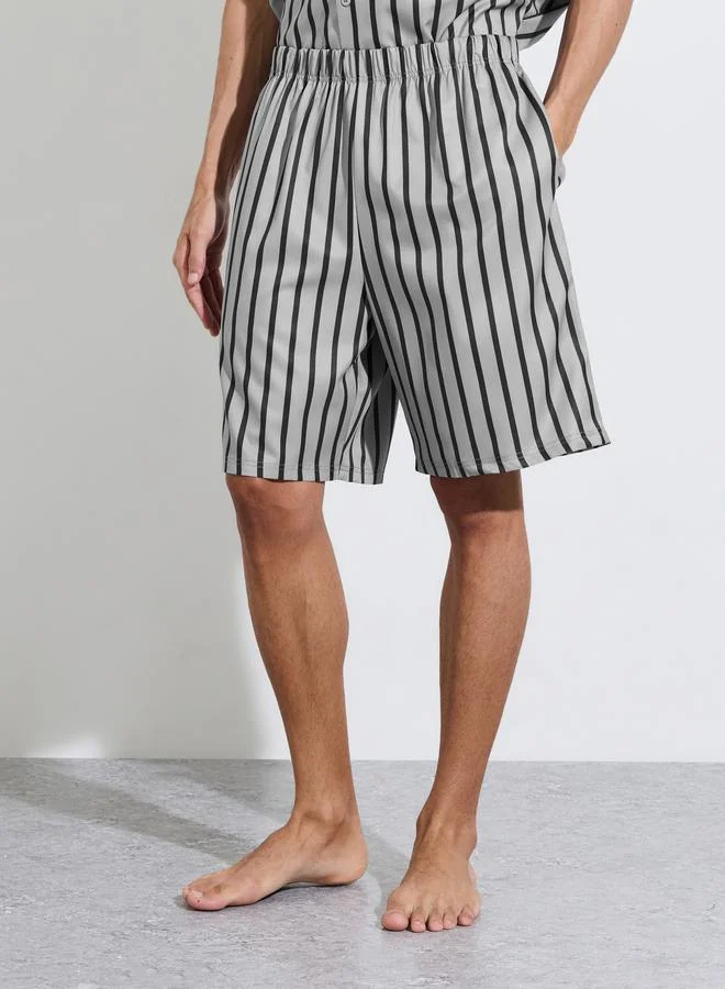 Styli  Grey Striped Short Sleeves Shirt and Shorts Pyjama Set for Men | Best Price UAE