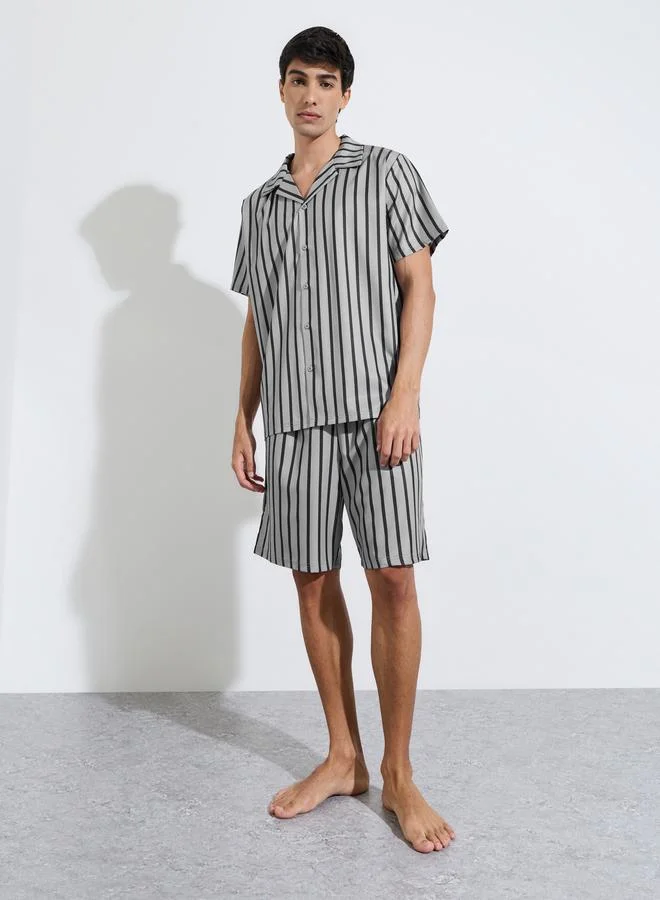 Grey Striped Short Sleeves Shirt and Shorts Pyjama Set