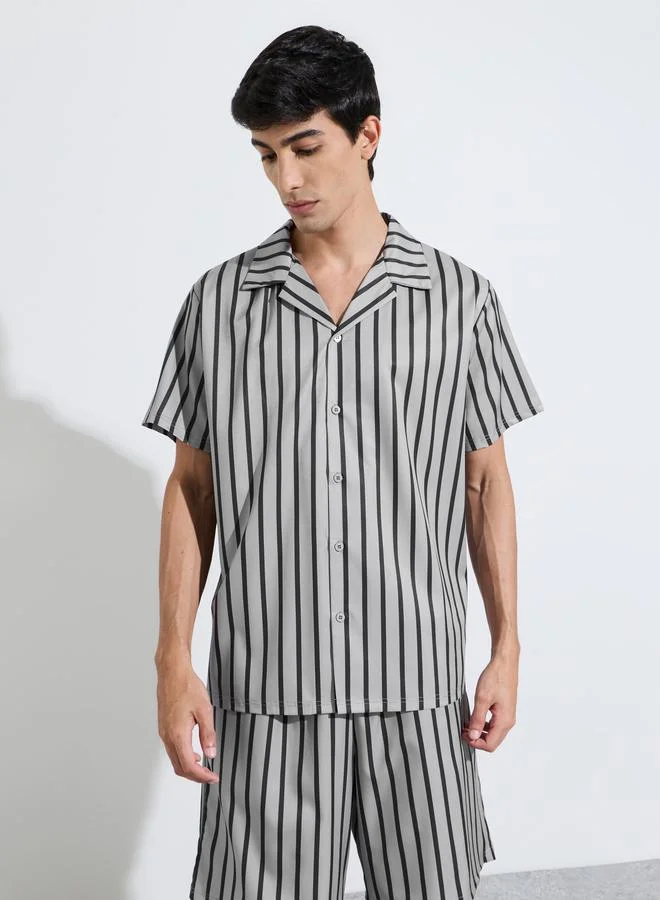 Styli  Grey Striped Short Sleeves Shirt and Shorts Pyjama Set for Men | Best Price UAE