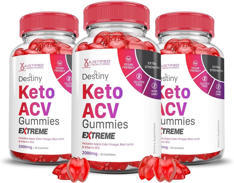 Justified Laboratories 3 Pack Destiny Keto ACV Gummies Extreme 2000MG Destiny Keto Gummies Advanced Formula Apple Cider Vinegar with Pomegranate Beet Juice Powder B12 Vegan Non GMO 180 Gummys - Image 1