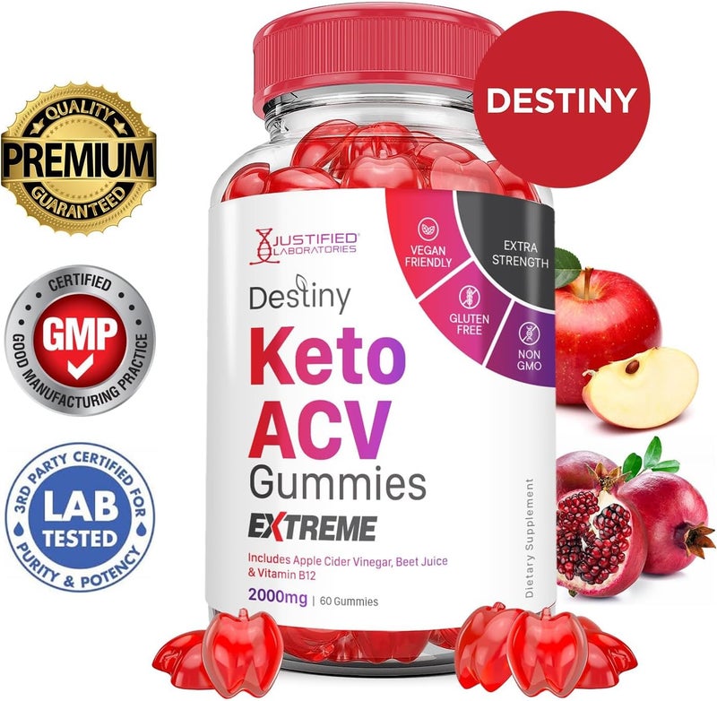 Justified Laboratories 3 Pack Destiny Keto ACV Gummies Extreme 2000MG Destiny Keto Gummies Advanced Formula Apple Cider Vinegar with Pomegranate Beet Juice Powder B12 Vegan Non GMO 180 Gummys - Image 3