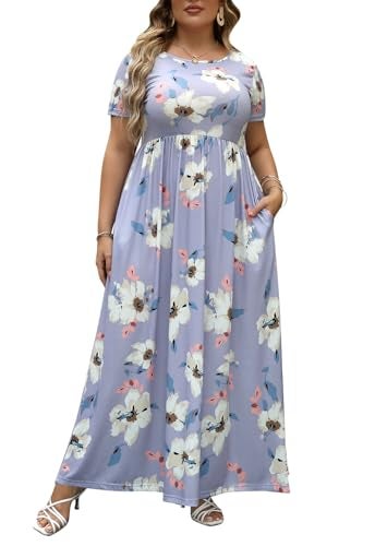 Nemidor Plus Size Maxi Dresses for Curvy Women Summer Casual Loose Short Sleeve Long Beach Dress with Pocket(149,22,Lightpurple+Print) - Image 1