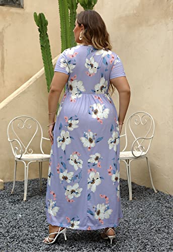 Nemidor Plus Size Maxi Dresses for Curvy Women Summer Casual Loose Short Sleeve Long Beach Dress with Pocket(149,22,Lightpurple+Print) - Image 2