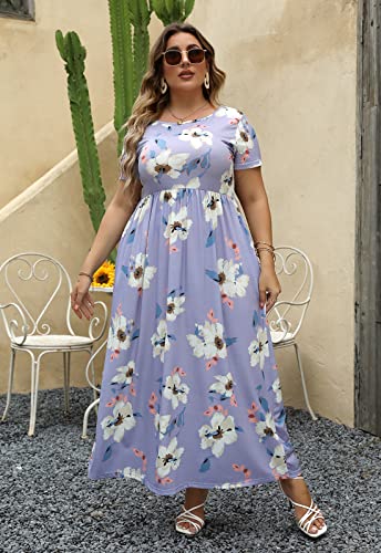 Nemidor Plus Size Maxi Dresses for Curvy Women Summer Casual Loose Short Sleeve Long Beach Dress with Pocket(149,22,Lightpurple+Print) - Image 5