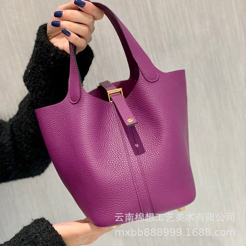 Women'S Basket Bag Trendy Fashion Handbag With Lychee Pattern Korean Style Soft Leather Small Bucket Bag For Women Crossbody - Image 2