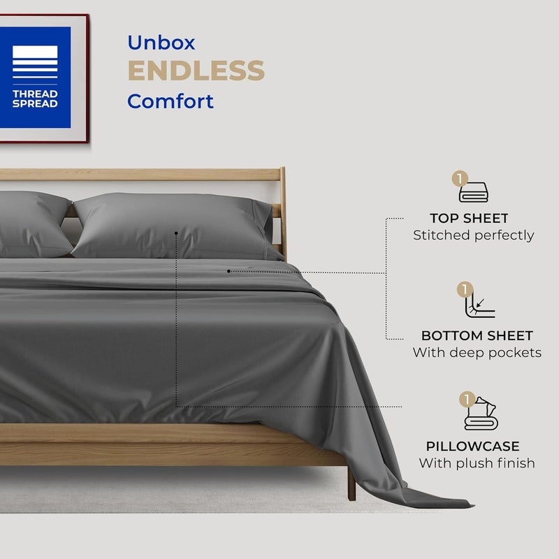 THREAD SPREAD Twin XL Sheets Set Cotton - 400 Series Glee Collection 100% Cotton Twin XL Sheet Set, 3 PC Twin XL Sheets, Cooling Sheets for Dorm Rooms, 16" Deep Pocket Soft Sheets (Dark Grey) - Image 3