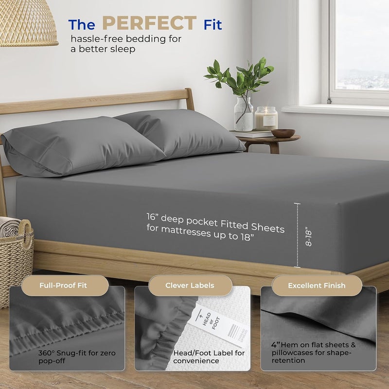 THREAD SPREAD Twin XL Sheets Set Cotton - 400 Series Glee Collection 100% Cotton Twin XL Sheet Set, 3 PC Twin XL Sheets, Cooling Sheets for Dorm Rooms, 16" Deep Pocket Soft Sheets (Dark Grey) - Image 4