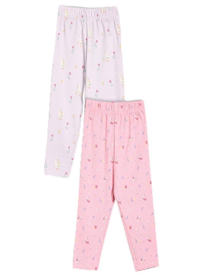 miniklub Cotton Floral Printed Knit Bottoms,Pack of 2, Pink & Lavender(3-6M) - Image 1