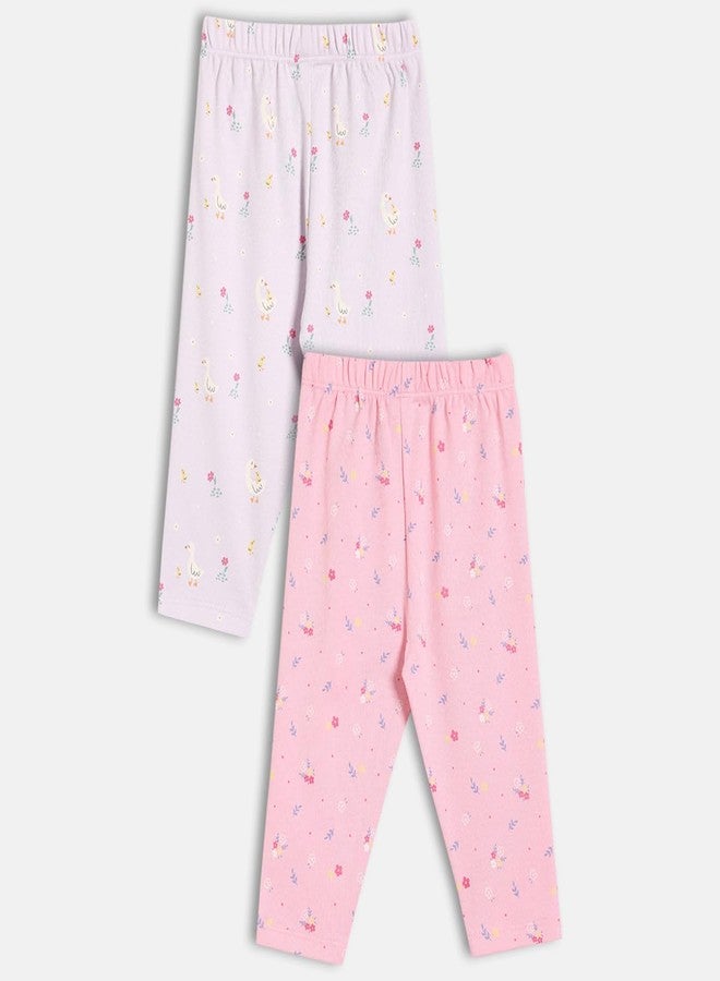 miniklub Cotton Floral Printed Knit Bottoms,Pack of 2, Pink & Lavender(3-6M) - Image 2