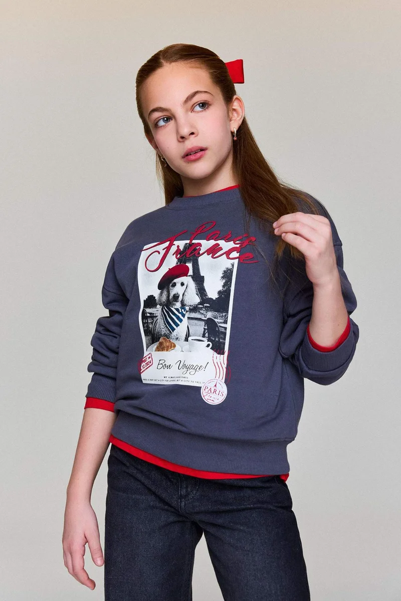 DeFacto Girl Relax Fit Crew Neck Printed Sweatshirt