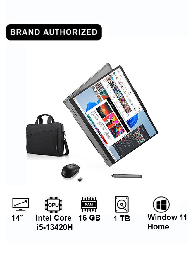 Lenovo IdeaPad 5i 2-in-1 Laptop 14-inch WUXGA Touchscreen | Intel Core i5-13420H | 16GB LPDDR5X RAM | 1TB SSD | Intel UHD Graphics | Windows 11 Home | Luna Grey | 83KX0040AX+ACC English /Arabic -Bundle with mouse and backpack Luna Grey - Image 1