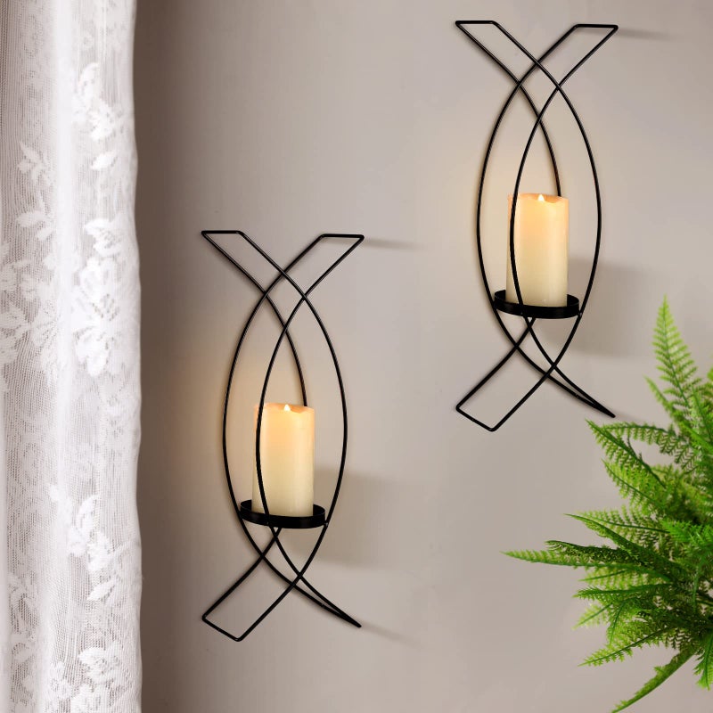 Vesici Candle Sconces Set of Two Metal Wall Candle Holder Wall Mounted Sconces Decorative Iron Holder for Living Room Bedroom Dining Room Decorations(Black) - Image 1