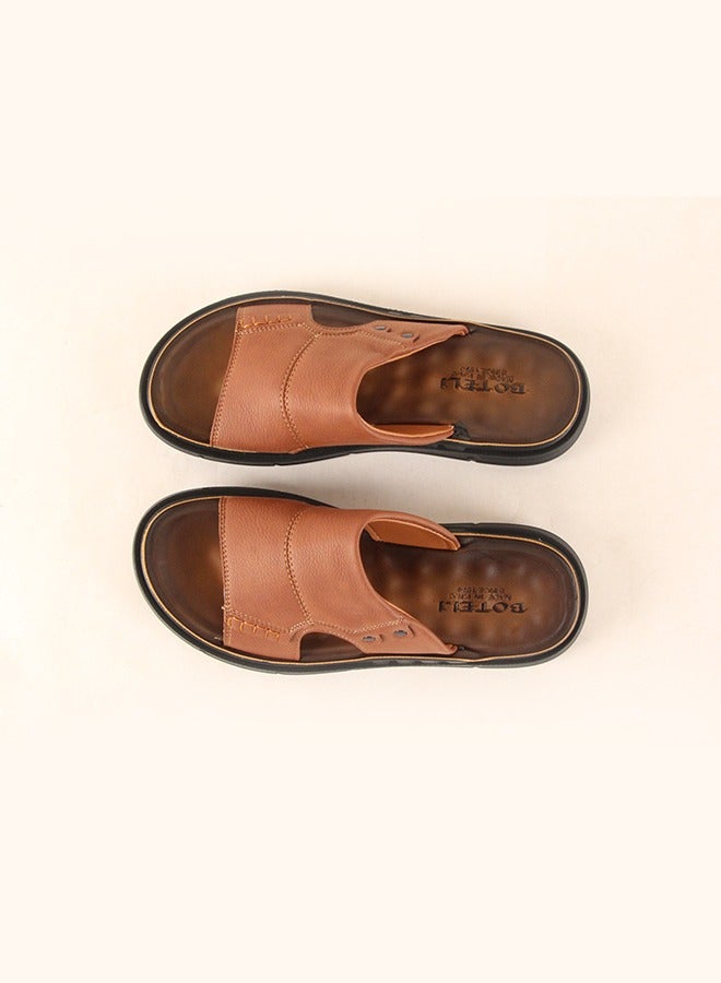 BOTELI Men's 40-45 Large Size Brown Leather Slide Sandals - Soft Comfort Sole For Daily Casual & Outdoor Activities - Image 3
