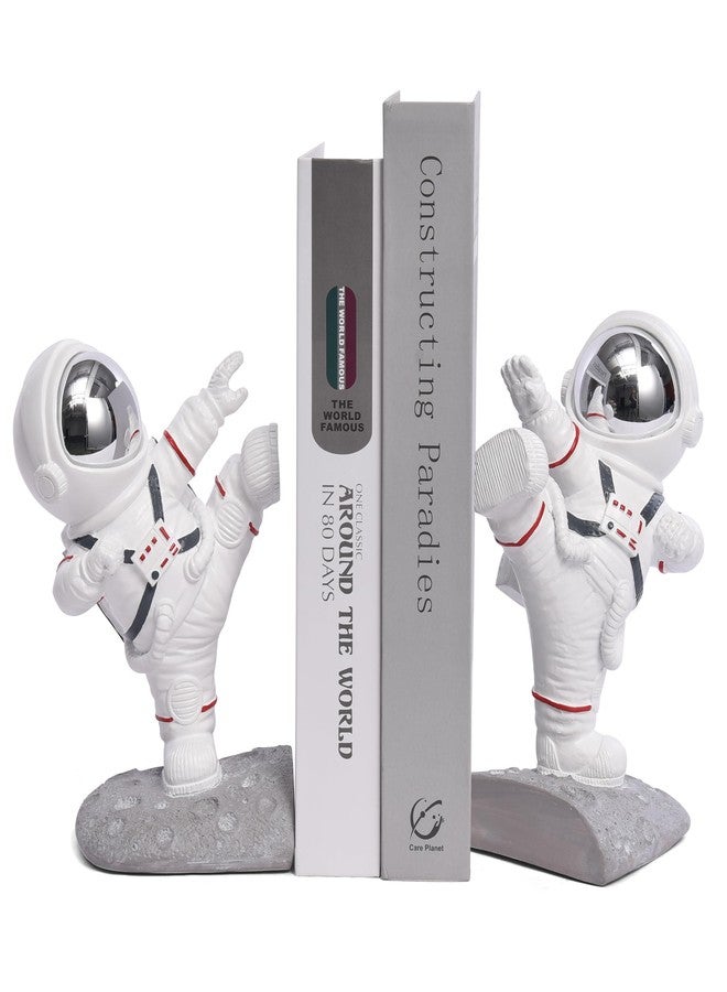 Kakizzy White Book Ends for Kids, Upgraded Astronaut Bookends Resin Spaceman Book Holders for Shelves Sturdy Book Stopper Book Ends to Hold Books Unique Outer Space Book Shelf Ends(F2-Silver Color) - Image 1
