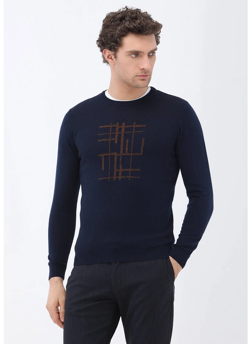 Kip Navy Blue Crew Neck Wool Blend Sweater