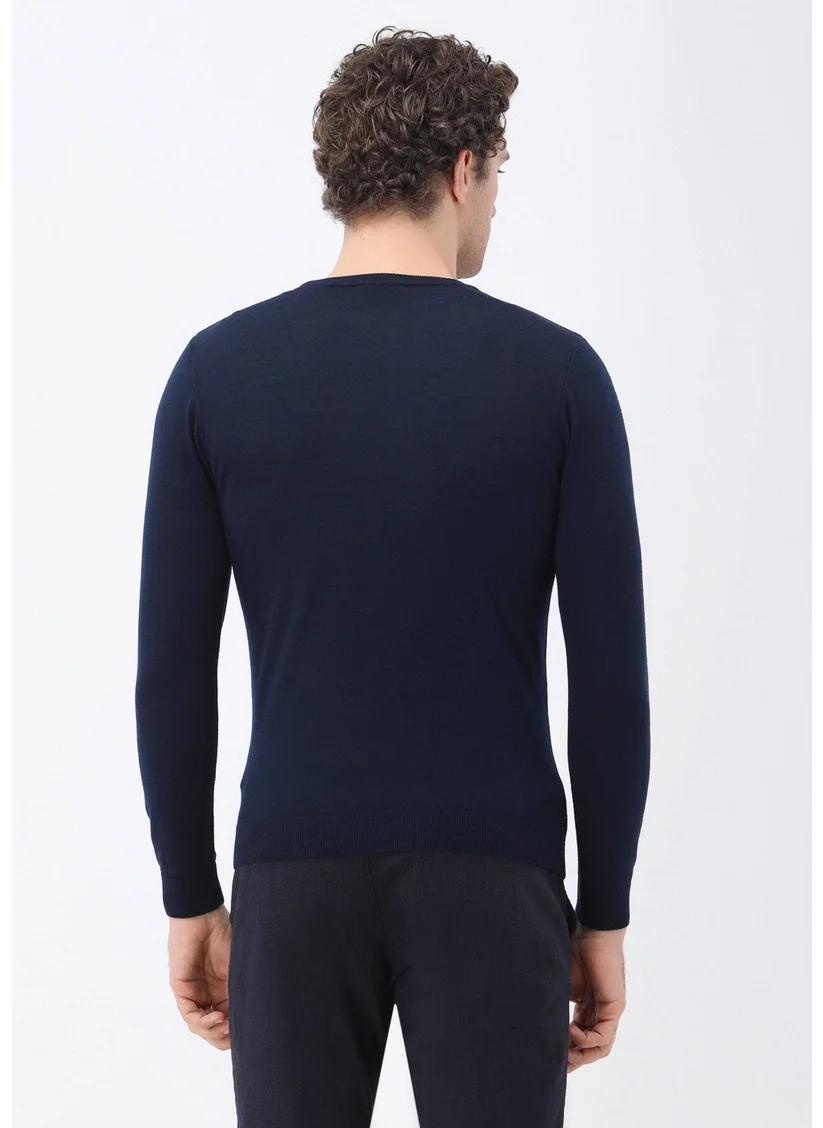 Kip Navy Blue Crew Neck Wool Blend Sweater