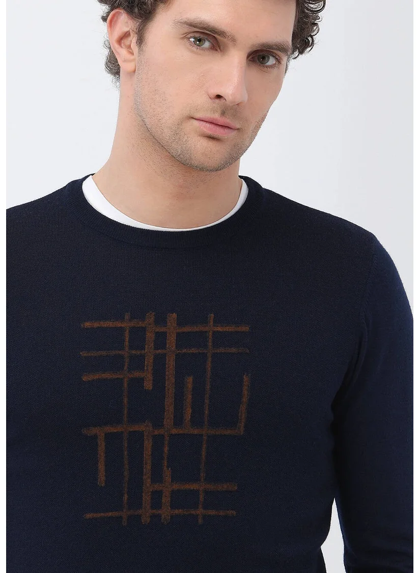 Kip Navy Blue Crew Neck Wool Blend Sweater