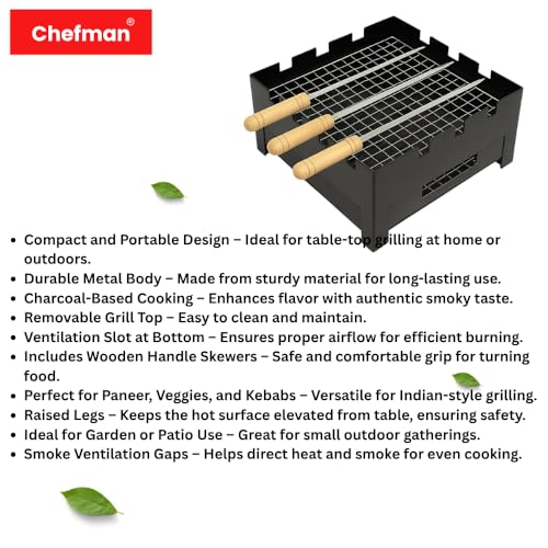 Chefman Portable Charcoal Barbeque Grill | Outdoor BBQ Set with 3 Skewers | Portable & Compact Tandoor for Home, Picnic, Camping - Image 2