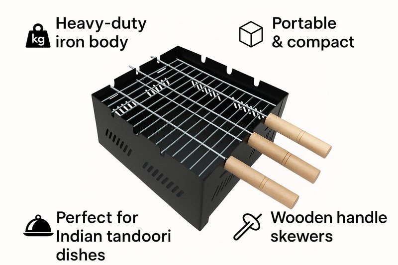 Chefman Portable Charcoal Barbeque Grill | Outdoor BBQ Set with 3 Skewers | Portable & Compact Tandoor for Home, Picnic, Camping - Image 4