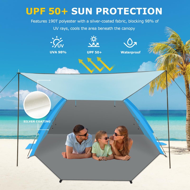 Gorich Beach Tent with Canopy - Easy Setup 3-4/5-6/7-8 Person Portable Sun Shelter, UPF 50+ UV Protection Sun Shade, Lightweight & Compact Beach Cabana for Family Travel - Image 3