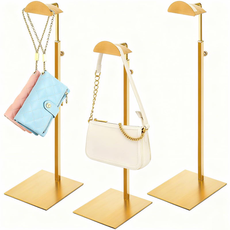Hacaroa Set of 3 Purse Display Stand Stainless Steel, Adjustable Metal Handbag Holder Gold Tabletop Bag Rack, Single Hook Jewelry Display Stand for Closet, Boutique, Store - Image 1