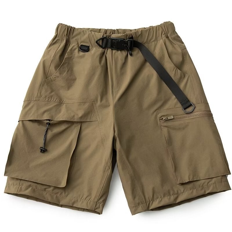Summer Vintage Belted Ice Silk Multi-Pocket Cargo Shorts for Men Khaki - Image 1