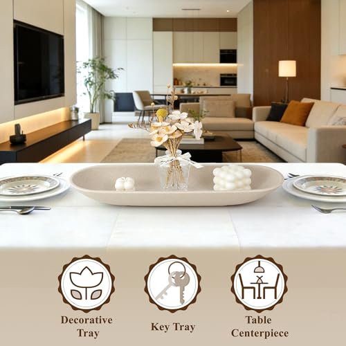 LIN CHUAN Enhanced Long Large Decorative Bowl for Home Decor - Long Dough Bowl for Table Centerpieces 17.72"W x 2.24"H - Beige Minimalist Design Dough Decor Bowl for Coffee Table, Dining Table Centerpiece - Image 4