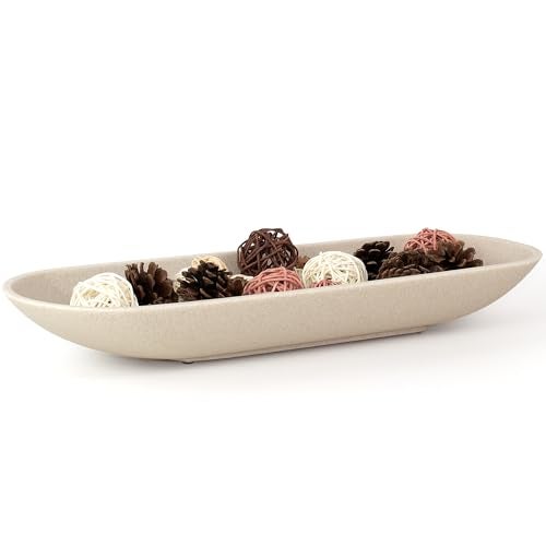 LIN CHUAN Enhanced Long Large Decorative Bowl for Home Decor - Long Dough Bowl for Table Centerpieces 17.72"W x 2.24"H - Beige Minimalist Design Dough Decor Bowl for Coffee Table, Dining Table Centerpiece - Image 1