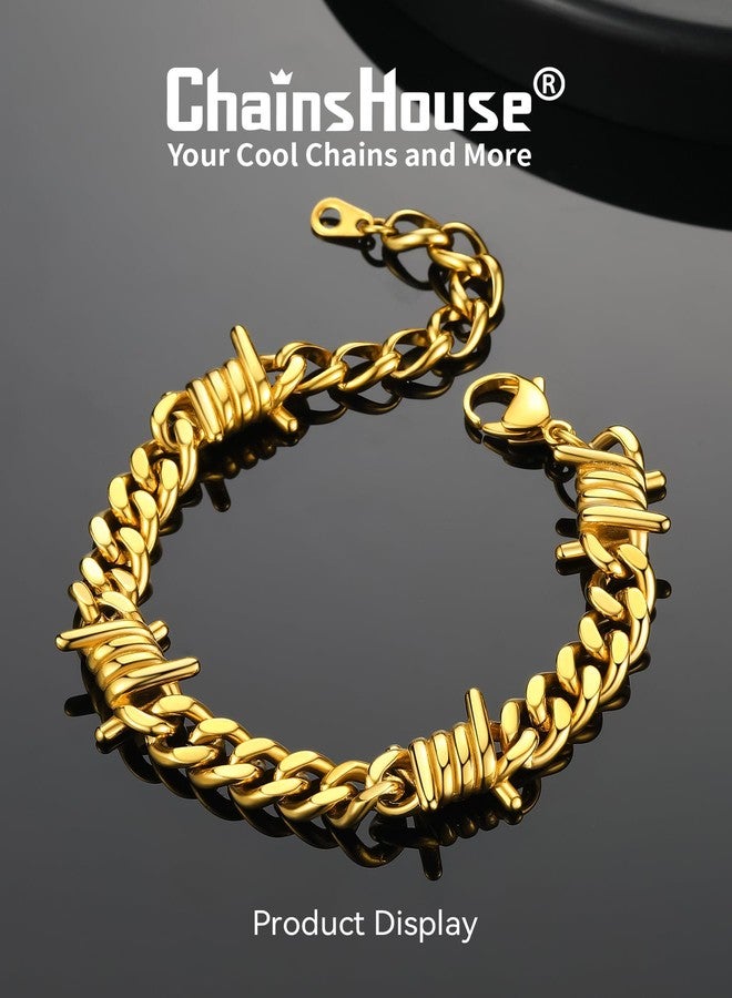 ChainsHouse Barbed Wire Bracelet, Cuban Link Chain Bracelet for Men, Stainless Steel Gothic Punk Thorns Hand Chain, Hip Hop Jewelry, 7mm/9 mm Width, 7"-8.3" Length, Send Gift Box, 7 inch, Metal, no - Image 4