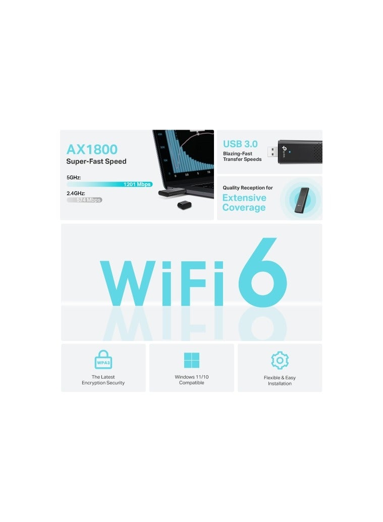 تي بي لينك آرتشر TX20U AX1800 ثنائي النطاق واي فاي 6 محول USB لاسلكي أسود - Image 2