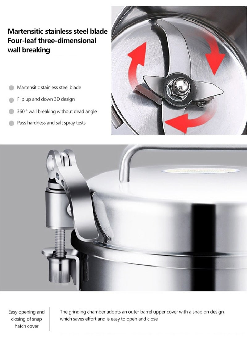 Electric Spice Mill, Electric Coffee Grinder, Pulverizer, Food Grinder, Stainless Steel Body & Blade, 1400W, 800g Large Capacity, Silver