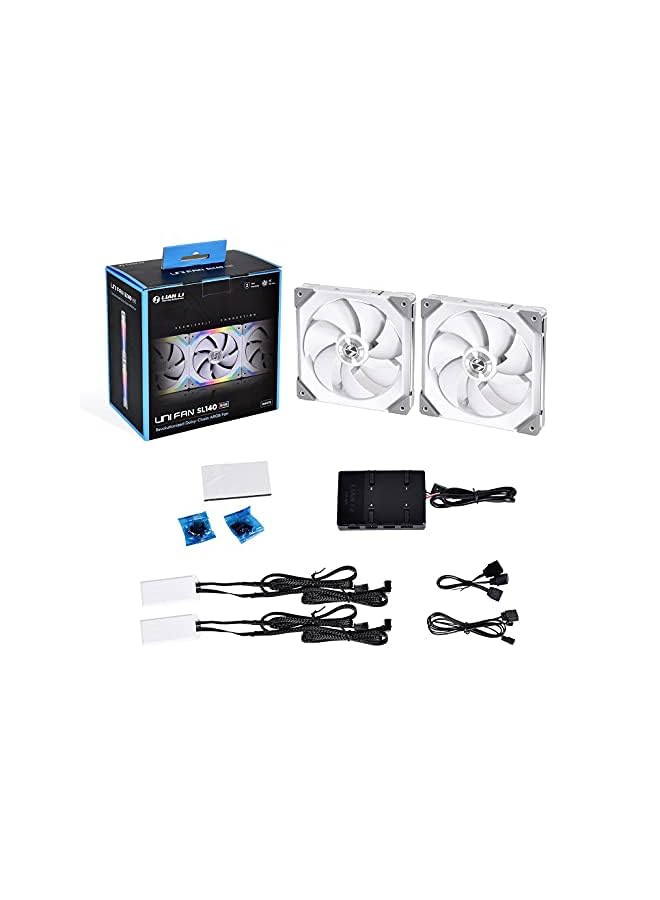 ليان لي Uni Fan Sl140 Rgb X2 140 مم مروحة Argb ذات سلسلة Daisy الثورية باللون الأبيض، تتضمن وحدة تحكم واحدة - Image 1