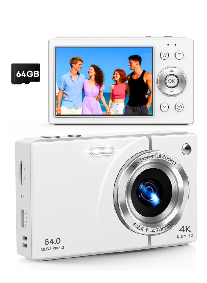 Digital Camera 4K with 64MP & 16X Optical Zoom - Autofocus Vlogging Camera with Anti-Shake, 64GB SD Card Included | Compact Travel Camera for YouTube Beginners, Teens & Adults (White) - Image 1