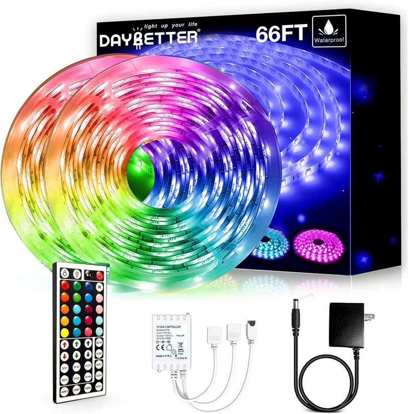 DAYBETTER شرائط إضاءة LED مقاومة للماء بطول 66 قدم، أضواء LED خارجية قابلة لتغيير الألوان 5050 RGB مع جهاز تحكم عن بعد، أضواء LED للاستخدام الداخلي والخارجي، IP65 (2 لفة بطول 33 قدم) - Image 1