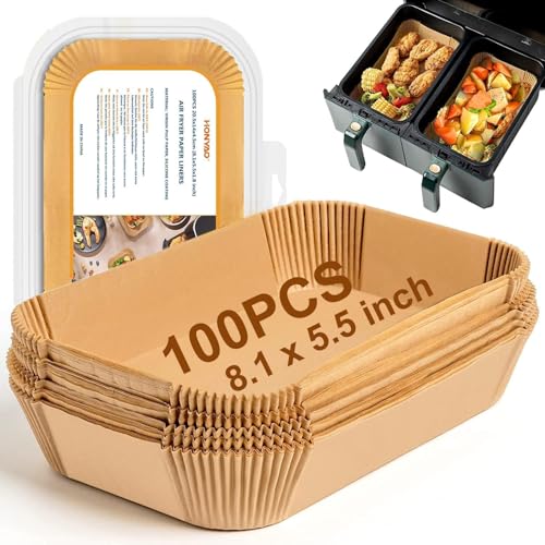 HONYAO Air Fryer Paper Liners for Dual Zone Airfryer, 8.1x5.5 inch Rectangle Disposable Parchment Inserts for Two Drawer Ninja Double Stack XL 8-10 Quart Air Fryers, Food Grade Accessories BPA free - Image 1