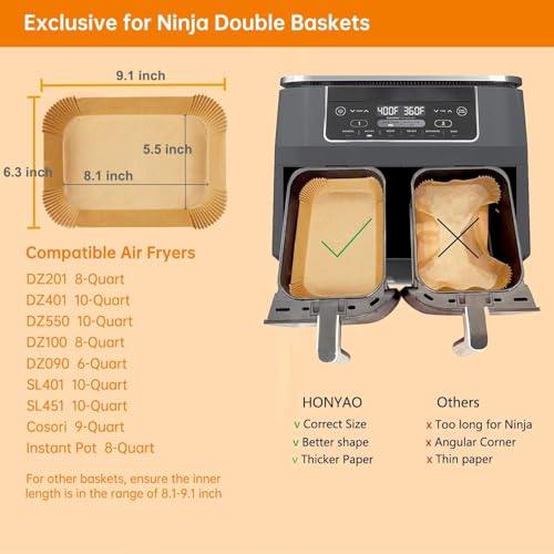HONYAO Air Fryer Paper Liners for Dual Zone Airfryer, 8.1x5.5 inch Rectangle Disposable Parchment Inserts for Two Drawer Ninja Double Stack XL 8-10 Quart Air Fryers, Food Grade Accessories BPA free - Image 3