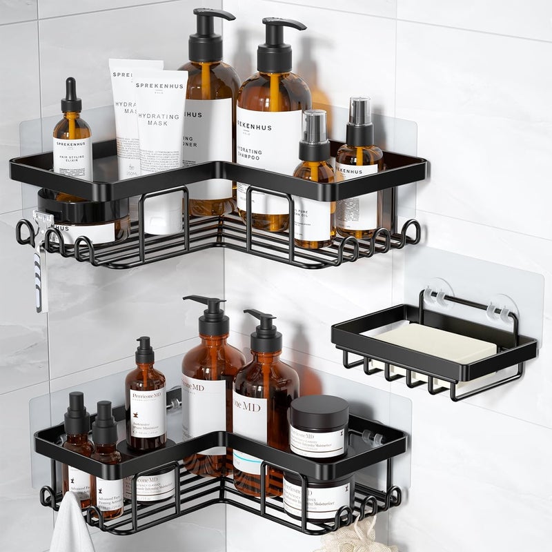 YASONIC Corner Adhesive Shower Caddy, with Soap Holder and 12 Hooks, Rustproof Stainless Steel Bathroom Organizer, No Drilling Wall Mounted Rack, Black, 3-Pack - Image 1