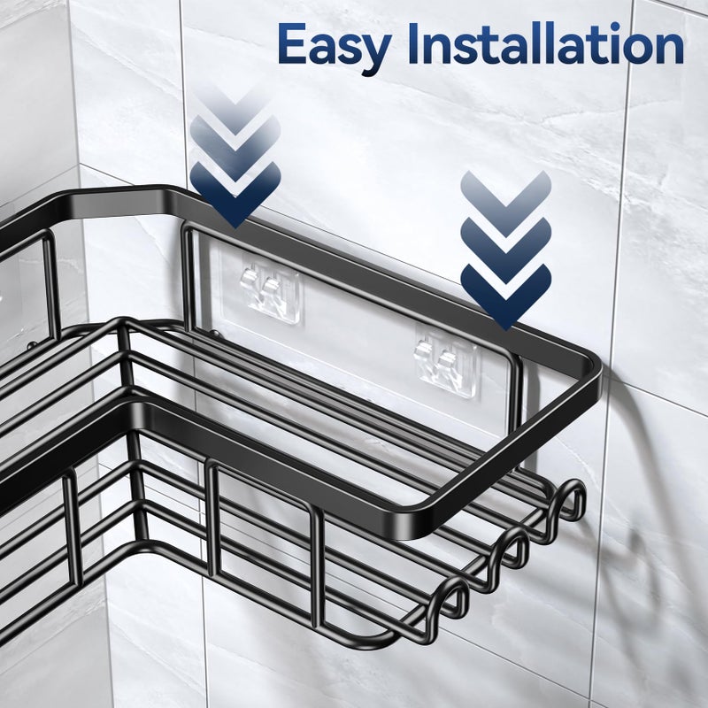 YASONIC Corner Adhesive Shower Caddy, with Soap Holder and 12 Hooks, Rustproof Stainless Steel Bathroom Organizer, No Drilling Wall Mounted Rack, Black, 3-Pack - Image 5