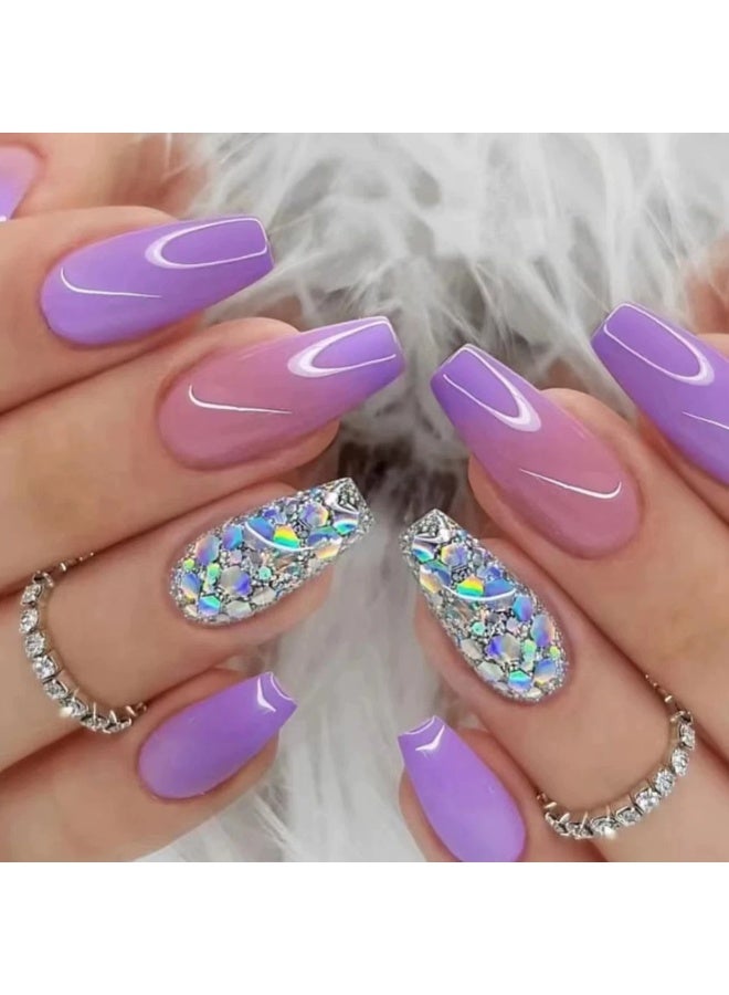 Goolsky Premium Gradient Purple Glitter Long Press-on Nails with Sparkling Chips for Dazzling Elegance - Image 1